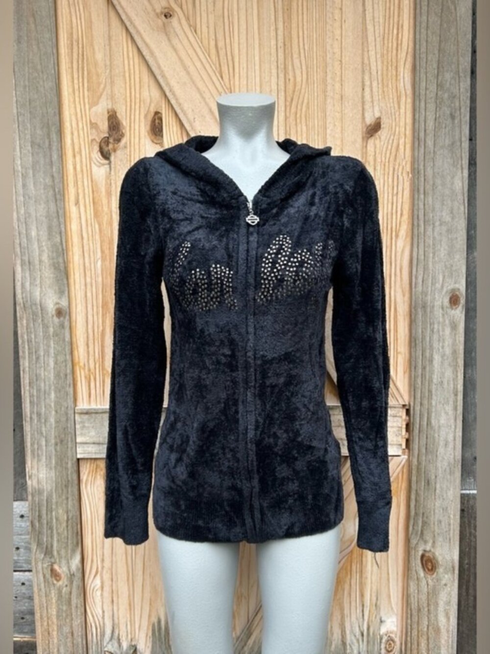 Harley Davidson Black Stretch Velour Rhinestone Zip Hoodie Jacket~M/L~
